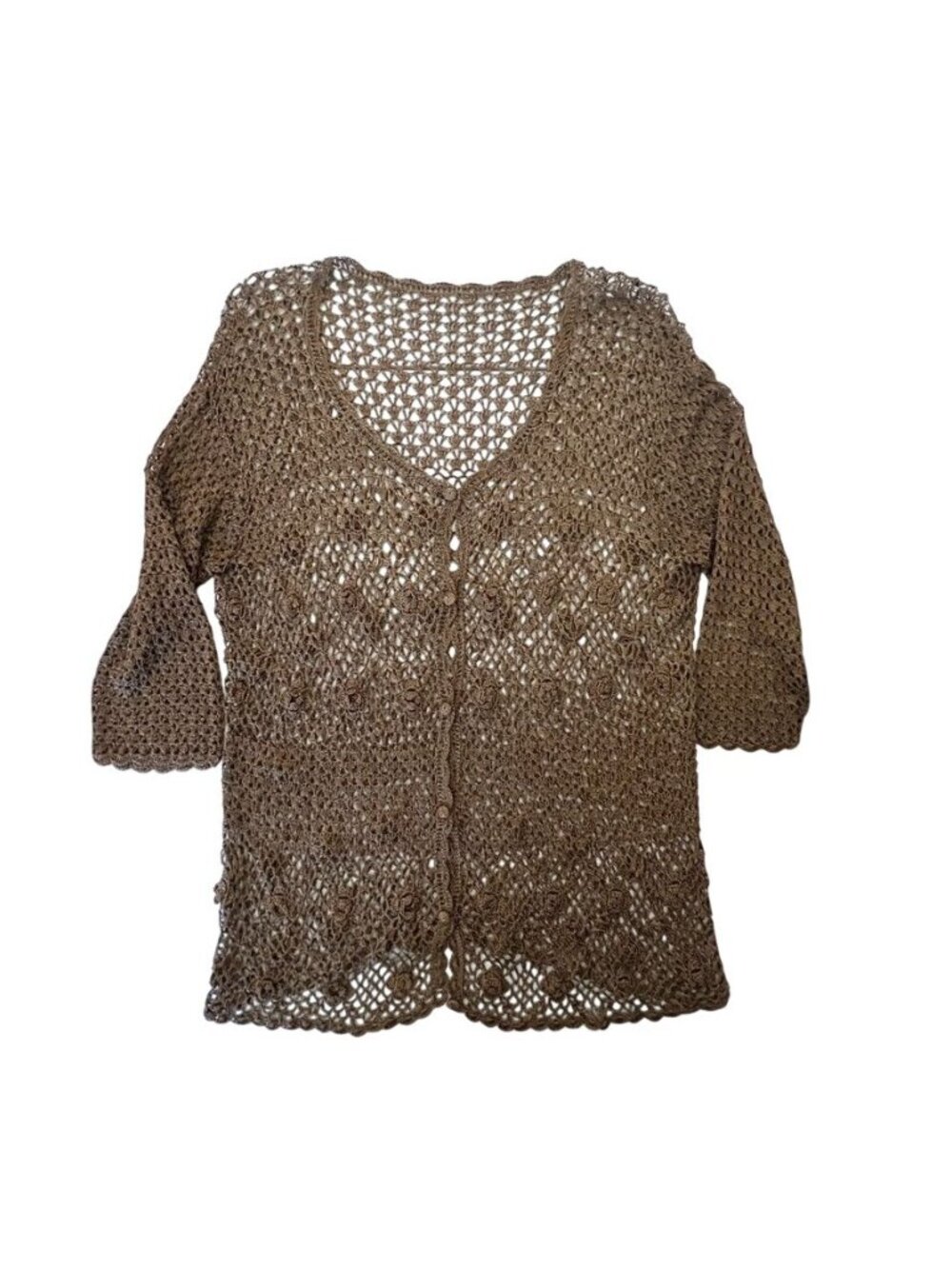 Mocha Brown Crochet Cardigan Floral Open Knit Whimsigoth Boho Button Front - Picture 4 of 14